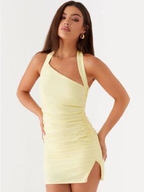 Peppermayo Annalissa Linen Mini Dress Yellow Halter Open Back Size US 18 Vaca